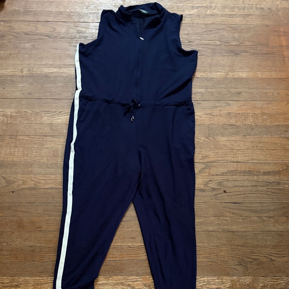 Lauren Ralph Lauren Navy Sleeveless Drawstring Jumpsuit with White Side Stripe